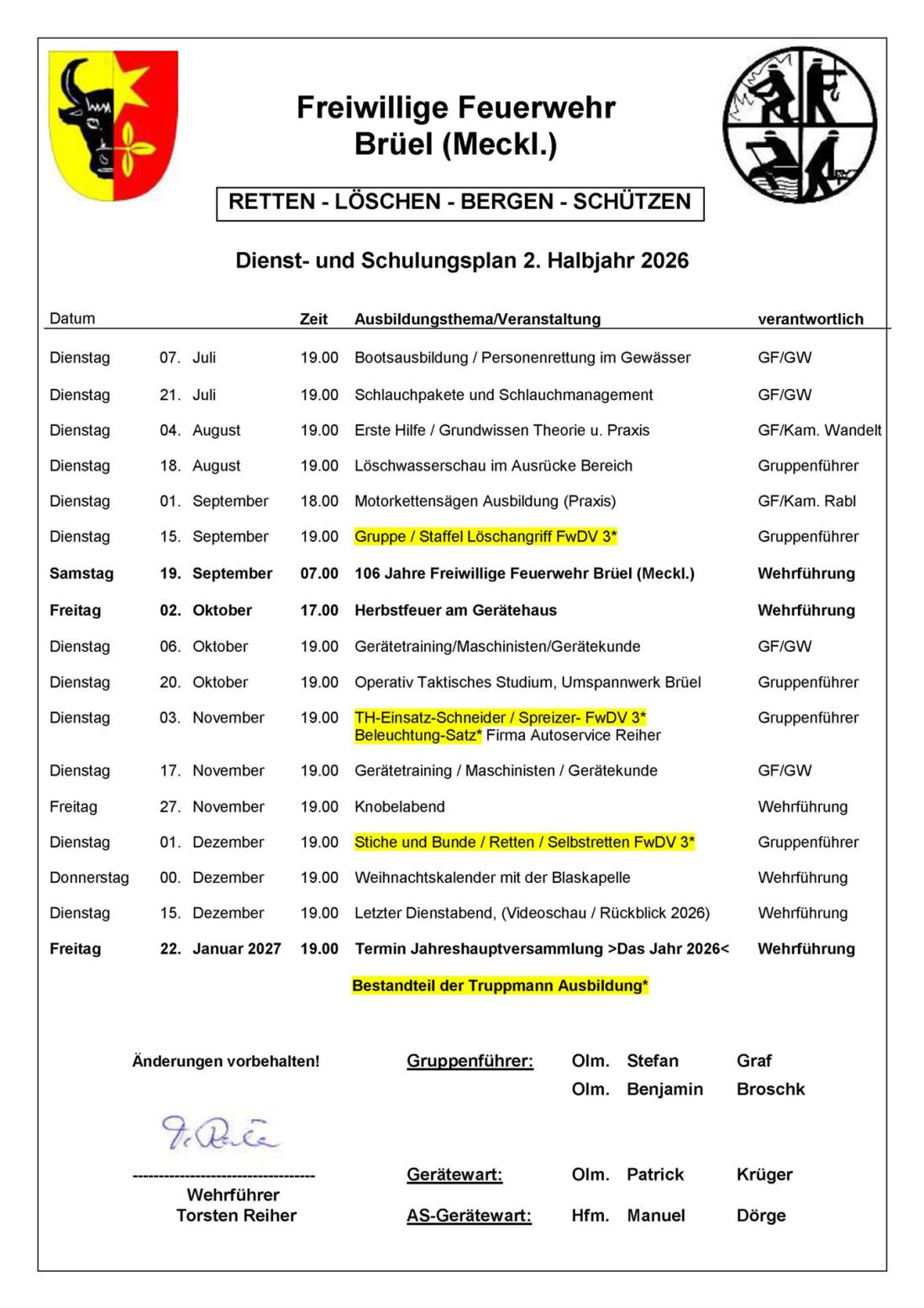 Dienstplan 2.  Halbjahr 2026